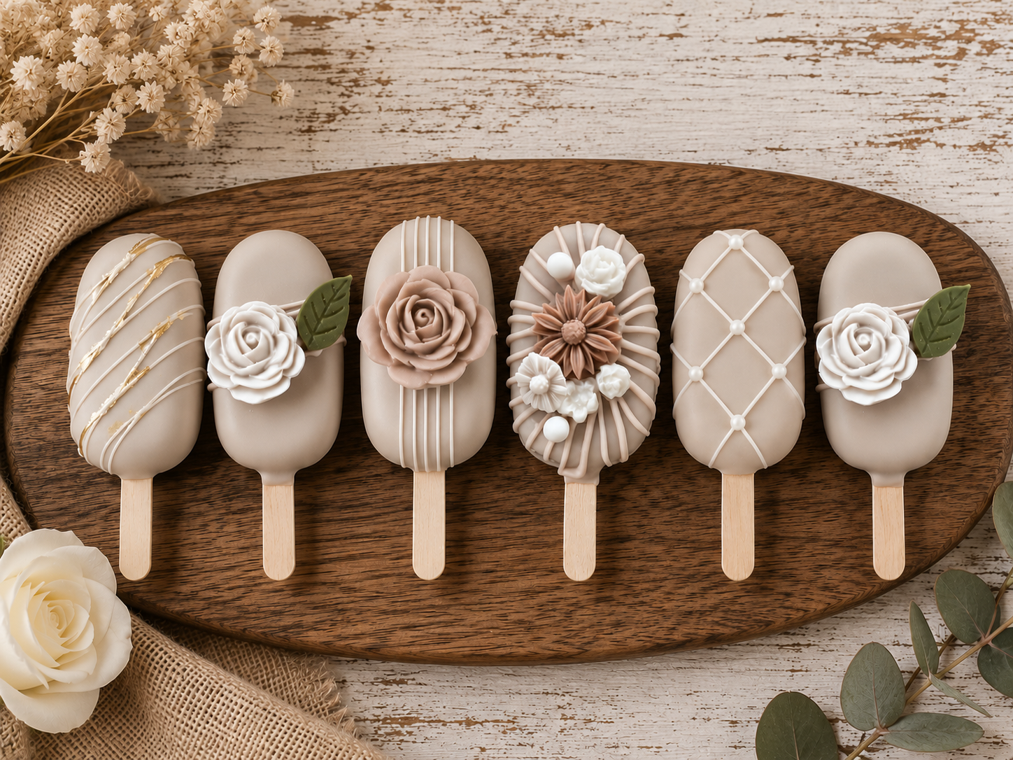 Elegant cakesicles on a wooden board with floral details