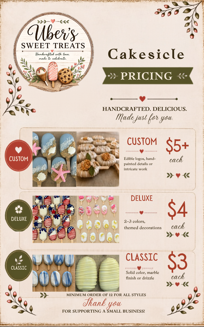 Uber's Sweet Treats cakesicle pricing menu